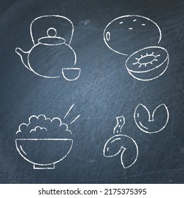 Chinese traditional symbols icon set on chalkboard. Asian food and drink. Fortune cookies, bowl with rice, tea and kiwi fruit. Vector illustration.