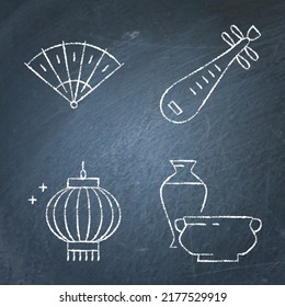 Chinese traditional symbols icon set on chalkboard. Hand fan, porcelain, lantern and pipa. Vector illustration.