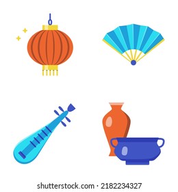 Chinese traditional symbols icon set in flat style. Hand fan, porcelain, lantern and pipa. Vector illustration.