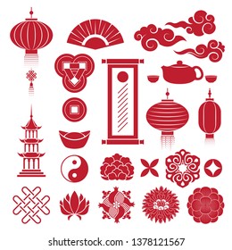 Chinese traditional symbols icons set. Lantern, pagoda, fan, coins clouds, gold bar, flowers vector illustration