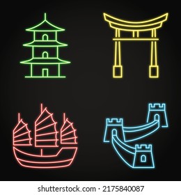 Chinese traditional symbols neon icon set. Great wall of China, pagoda, arch and junk boat. Vector illustration.