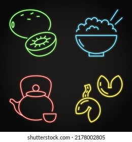 Chinese traditional symbols neon icon set. Asian food and drink. Fortune cookies, bowl with rice, tea and kiwi fruit. Vector illustration.