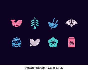 Chinese traditional symbols vector icon set. Chinese New Year decoration icons.