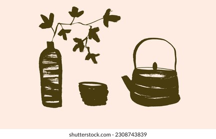 Chinese traditional tea ceremony. Vector. Images of a teapot, a cup and a vase with a branch. Calligraphy, brush, ink, hand drawing, sketch, doodle. Brown, beige. Eps10