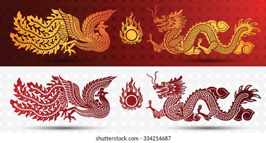 Chinese traditional template with chinese dragon and phoenix on red Background