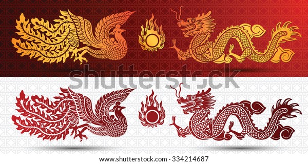 中国传统模板与中国龙和凤凰红色背景库存矢量图（免版税）334214687