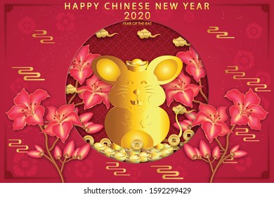 Chinese traditional template of chinese happy new year with flower on pink Background as year of rat, lucky and infinity concept.