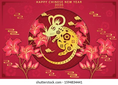Chinese traditional template of chinese happy new year with flower on pink Background as year of rat, lucky and infinity concept.