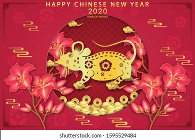 Chinese traditional template of chinese happy new year with flower on pink Background as year of rat, lucky and infinity concept.