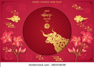 Chinese traditional template of chinese happy new year with ox pattern isolated on white Background as year of ox, lucky and infinity concept. (The Chinese letter is mean happy new year)
