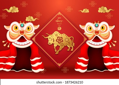 Chinese traditional template of chinese happy new year on red Background as year of ox. (The Chinese letter is mean happy new year)