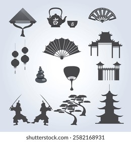 Chinese traditional theme symbol pack silhouette, worries, samurai, fans, vector art