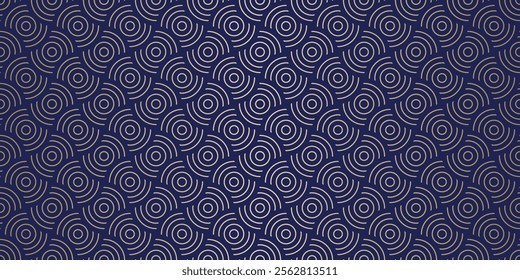Chinese traditional wave seamless pattern with gold striped lines on blue background. Elegant and festive overlap circle repeat texture for wallpaper, card, web page, surface pattern, packaging.
