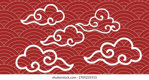 Modelo inconsútil tradicional chino de la onda con las líneas rayadas del oro en fondo rojo. Textura de repetición elegante y festiva para Fondo de pantalla, tarjeta, página de Web, patrón de superficie. eps 10