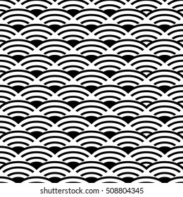 Chinese traditional wavy seamless pattern background. Asian chinese new year holiday decoration lantern black fans. Vector waves line geometric element. Asia lunar fortune ornament silk texture Print
