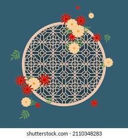 Ventana tradicional china con flores. Dibujo a mano de una ventana china con elementos tradicionales sobre el fondo azul. Vector. Ilustración de una tarjeta, afiche, pancarta, etiqueta, impresión.