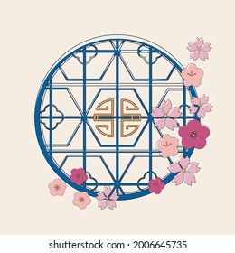 Chinese traditional window. Round frame in flowers. Hand drawing of a Chinese window in colors. Vector. Illustration for card, poster, banner, label, print. Romantic and cute design.