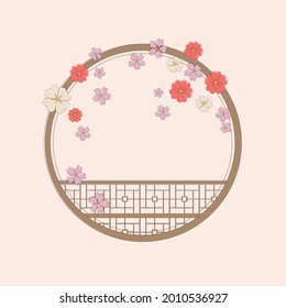Chinese traditional window. Round frame in flowers. Vector. Illustration for card, poster, banner.