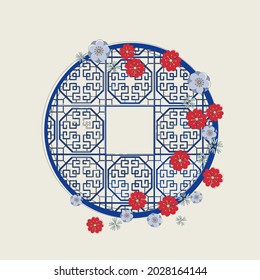 Chinese traditional window. Round frame in red flowers. Hand drawing of a Chinese bkue window in colors. Vector. Illustration for card, poster, banner, label, print. Romantic and cute design.