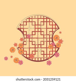 Chinese traditional window. Round frame in red flowers. Hand drawing of a Chinese bkue window in autumn colors. Vector. Illustration for card, poster, banner, label, print. Romantic and cute design.