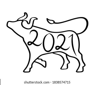 Chinese Traditional Zodiac Sign Year Bull One Endless Line Drawing Happy Chinese New Year 2021. Flat vector illustration isolated on white background.