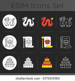 Chinese traditions dark theme icons set. Red Loong Dragon. Calligraphy art. Temple of Heaven. Lunar New Year. Linear white, solid glyph and RGB color styles. Isolated vector illustrations