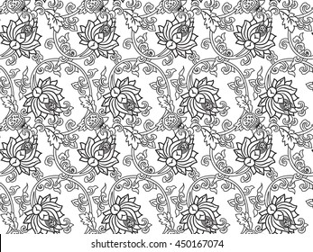 Chinese traditonal seamless pattern with outline black flowers on white background. Vector design for textile, wallpaper, fabric, packaging, coloring, covers and others