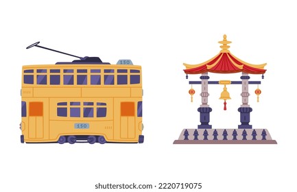 Chinese Tram Or Streetcar And Gate As Urban Transport And Building Vector Set