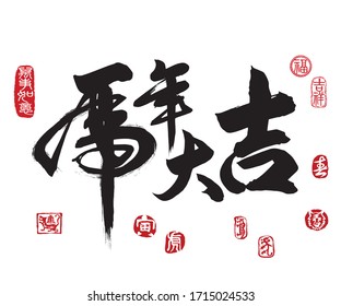 Chinese translation:year of the lucky tiger brings good fortune. Leftside translation: Everything is going very smoothly. Rightside seal translation: Good fortune& Auspicious. Center translation:Tiger