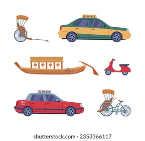 Chinese Transportation with Cart, Taxi, Boat, Moped and Rickshaw Vector Illustration Set