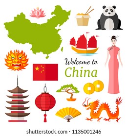 Chinese travel banner with icons, souvenirs, design elements and famous chinese symbols. Vector illustration in flat style with inscription: Welcome to China.