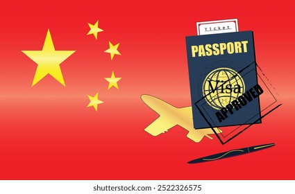 Chinese Travel Documentation Concept with blue Passport and China Flag. Approved Stamp. Airplane and Traveling Tickets. Ideal for Immigration Tourism and Traveling Themes. Vector EPS available