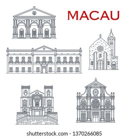 Iconos vectoriales de viaje chinos con arquitectura asiática de Macao. Iglesia de Penha, Teatro Dom Pedro y Edificio Leal Senado, Iglesias de San Lorenzo y Santo Domingo. Diseño turístico oriental