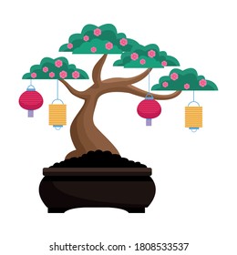 Chinese tree with flowers and lanterns design, China culture asia and oriental theme Vector illustration