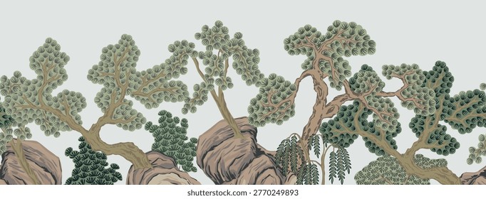 Chinese trees and stone seamless border. Chinoiserie mural.	