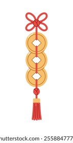 Chinese triple lucky coin hanging from a red string, decorated with a bead and tassel. White background. Chinese New Year Element.