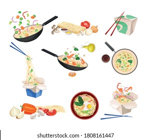 Chinese Udon Noodle Preparation Steps with Ingredients Chopping and Stir-frying in Wok Pan Vector Set