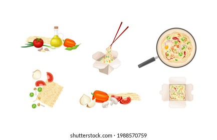 Chinese Udon Noodle Preparation Steps with Ingredients and Stir-frying in Wok Pan Vector Set