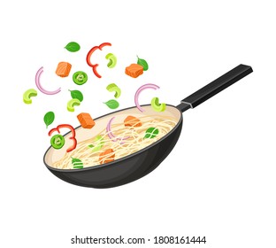 Chinese Udon Noodle Preparation with Stir-frying in Wok Pan Vector Illustration