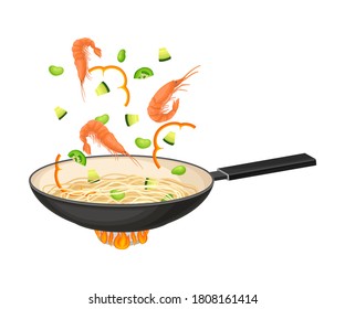 Chinese Udon Noodle Stir-frying in Wok Pan on Burner Vector Illustration