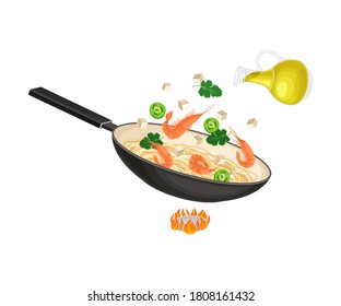 Chinese Udon Noodle Stir-frying in Wok Pan on Burner Vector Illustration