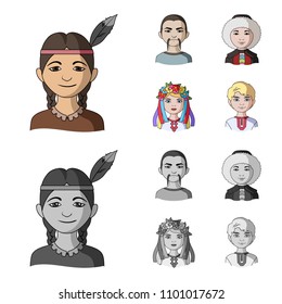 Chinese, ukrainian, russian, eskimo. Human race set collection icons in cartoon,monochrome style vector symbol stock illustration web.