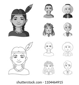 Chinese, ukrainian, russian, eskimo. Human race set collection icons in outline,monochrome style vector symbol stock illustration web.