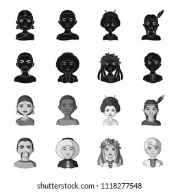Chinese, ukrainian, russian, eskimo. Human race set collection icons in black,monochrome style vector symbol stock illustration web.