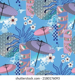 
Chinese umbrellas. Seamless abstract pattern. Blue color. Fashion textiles, fabric, packaging.