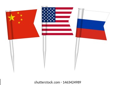 Chinese, US and  Russian flag push pin set, vector illustration. Mini stick flags of China, USA and Russia.