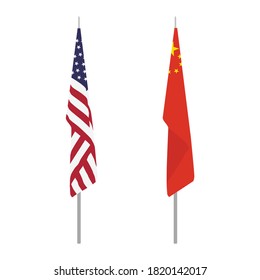 Bandera china y estadounidense en el stand, stick. Aislado sobre fondo blanco. Relación, concepto de asociación. Vector