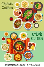 Chinese and uzbek cuisine dinner icon set. Meat dumpling, kebab, noodle with ham, rich meat soup with noodle and vegetable, peking duck salad, chilli shrimp, fish, meat veggies stew and fruit dessert