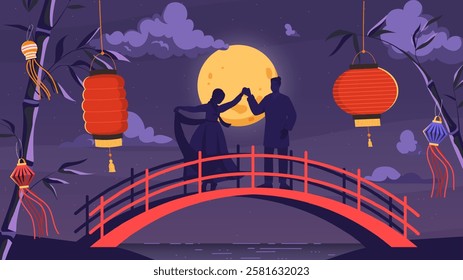 Chinese Valentine poster. Silhouette of man and woman on bridge near red lamps. Asian culture and traditions. Love and romance. Meeting and date at wooden bridge. Flat vector illustration