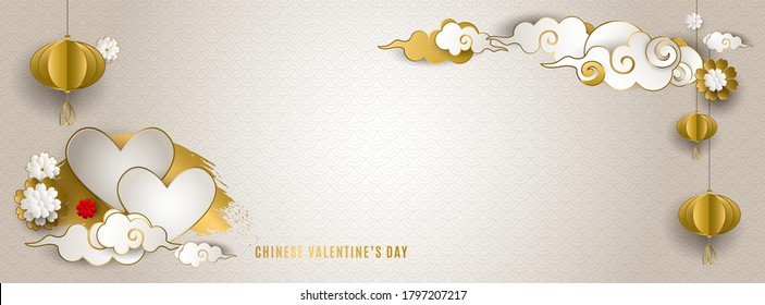 Chinese Valentine's day. Banner with clouds, lanterns, hearts, flowers. Asian patterns. Qixi festival double 7th day. For cover social network, wedding invitation. Paper style. Vector illustration